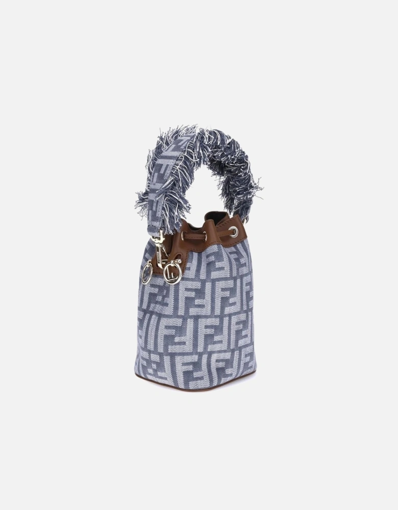 Denim-Effect Jacquard Bucket Bag with Calfskin Details Women - Light