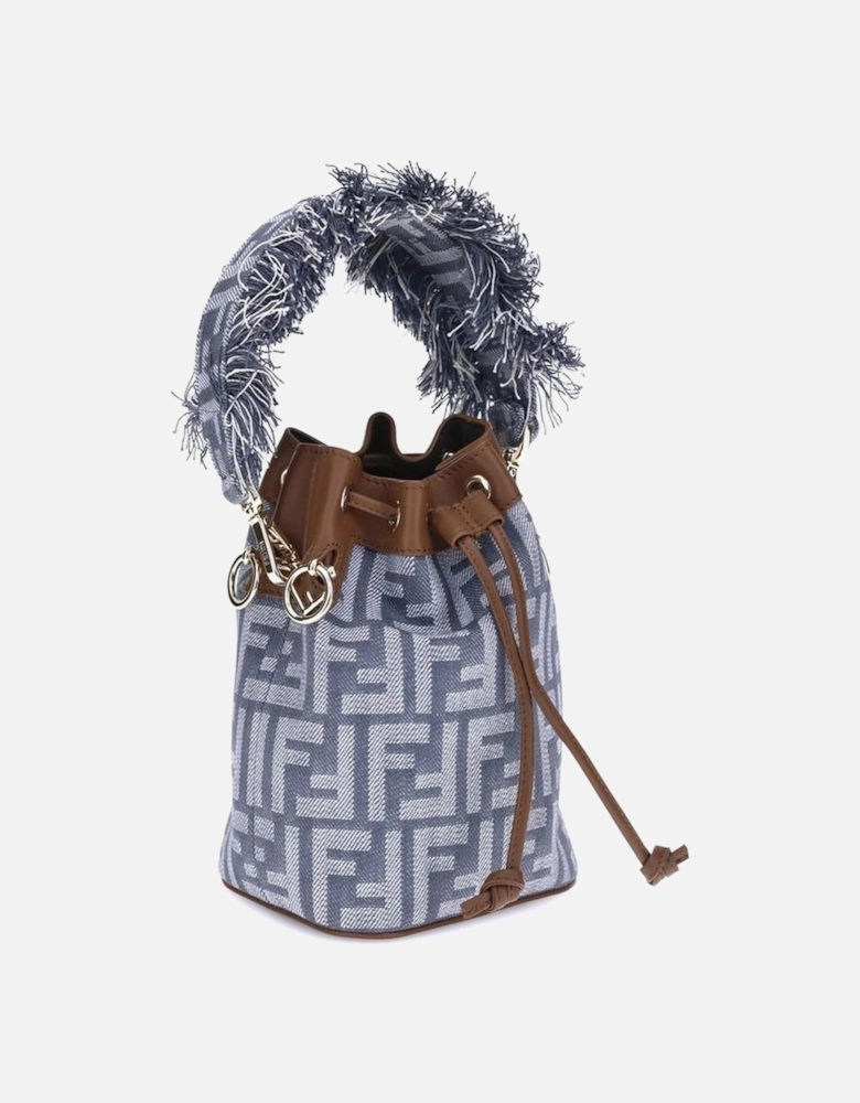 Denim-Effect Jacquard Bucket Bag with Calfskin Details Women - Light
