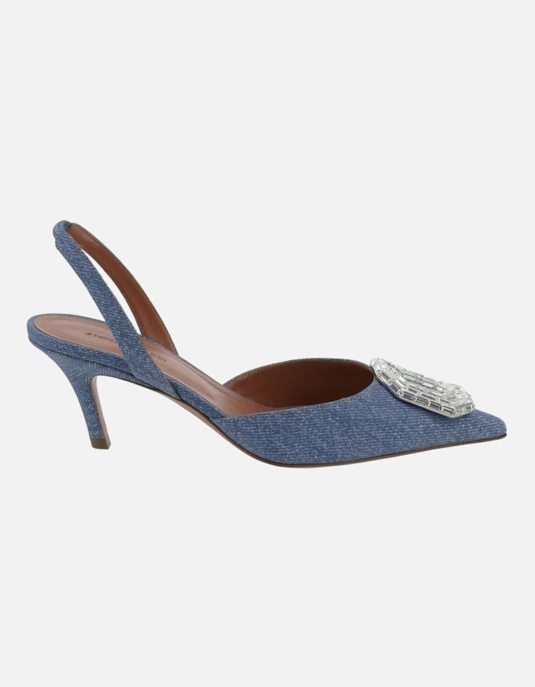 Pointed Toe Open Back Heels with Mirrored Accent Women - Blue Pumps