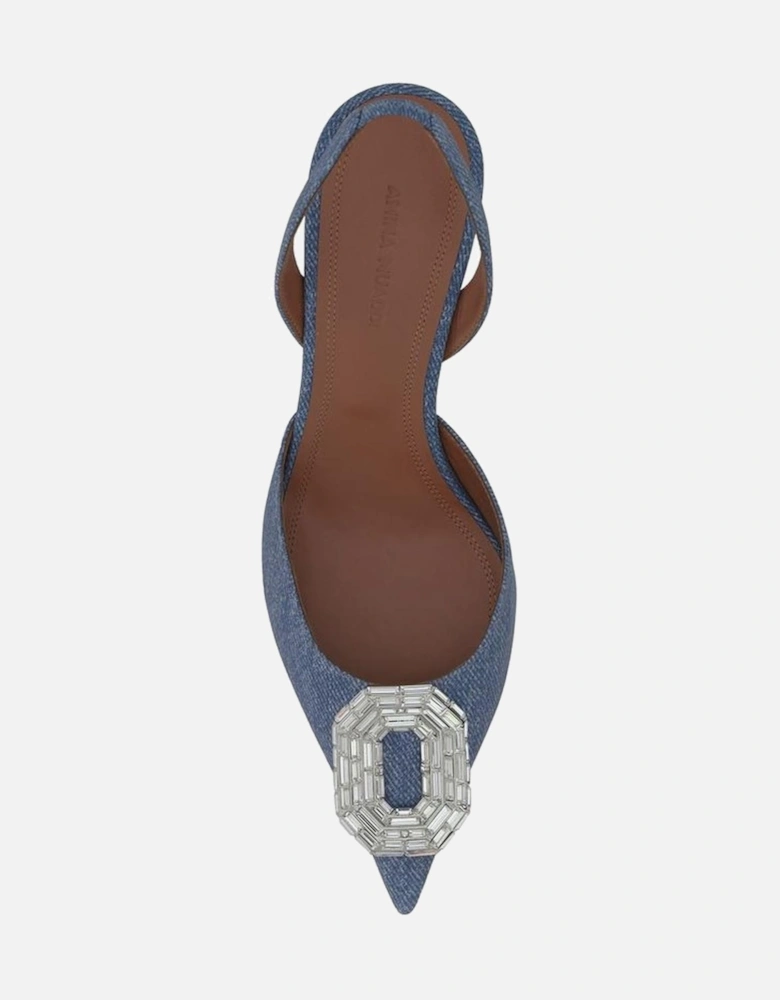 Pointed Toe Open Back Heels with Mirrored Accent Women - Blue Pumps