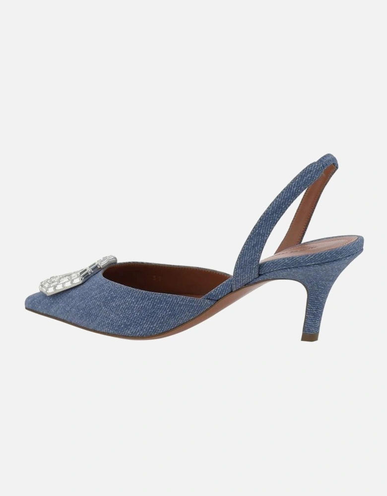 Pointed Toe Open Back Heels with Mirrored Accent Women - Blue Pumps