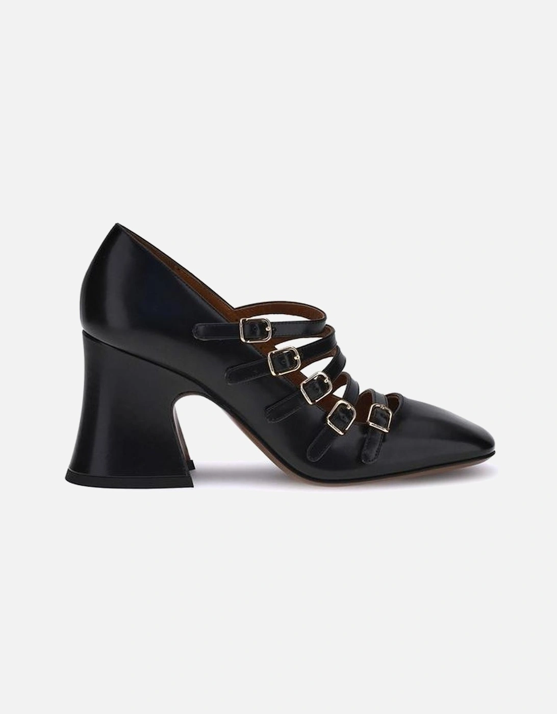 Shiny Calfskin Block Heel Pumps with Gold Buckles Women - Black, 5 of 4