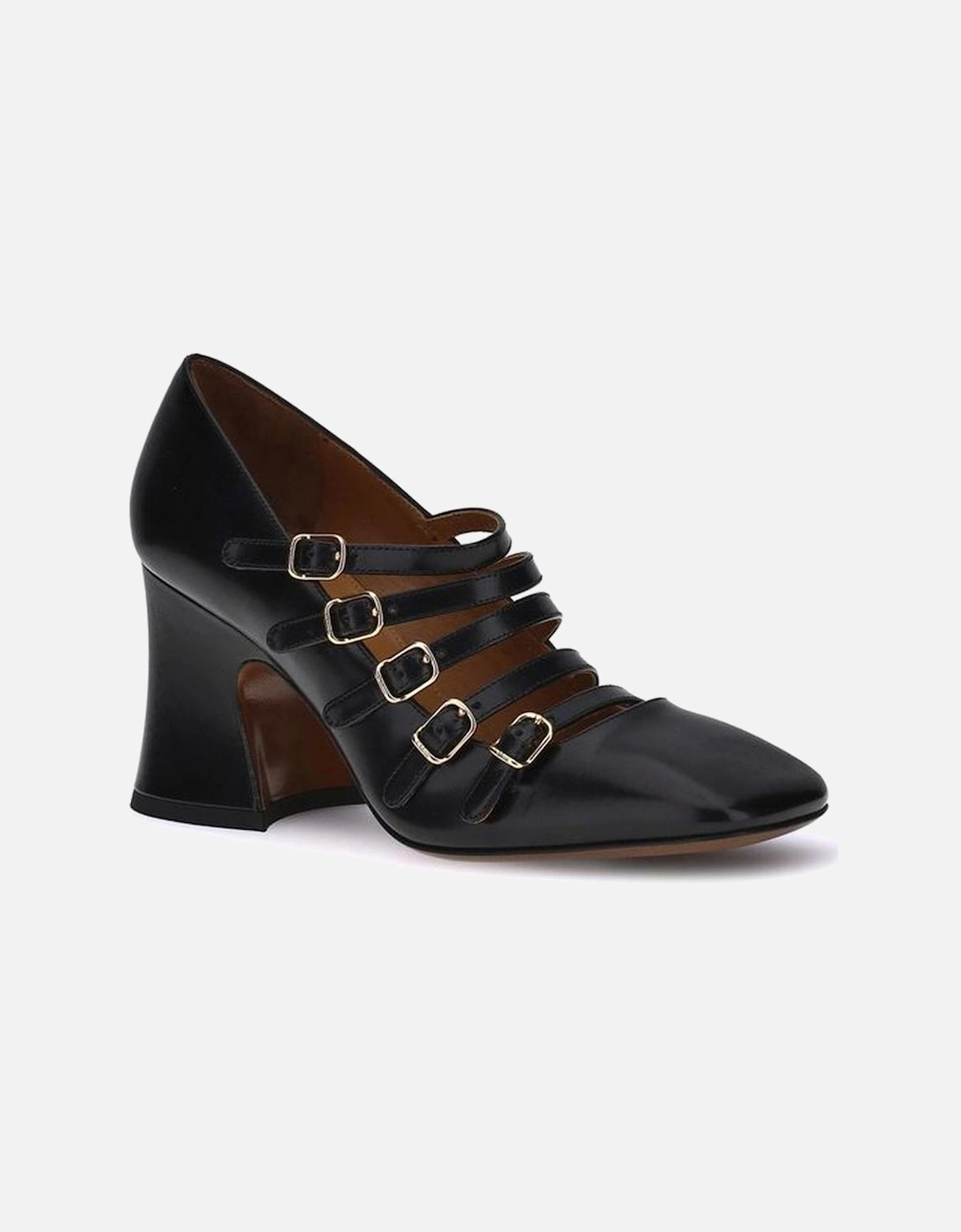 Shiny Calfskin Block Heel Pumps with Gold Buckles Women - Black