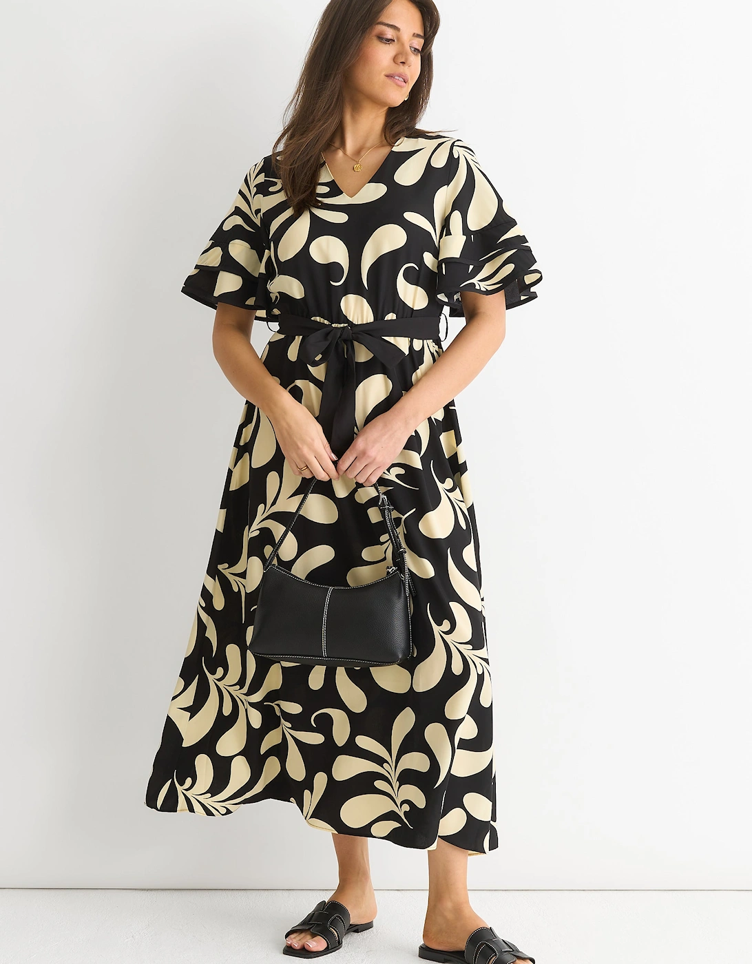 Floral V Neck Elasticated Waist Midi Dress, 5 of 4