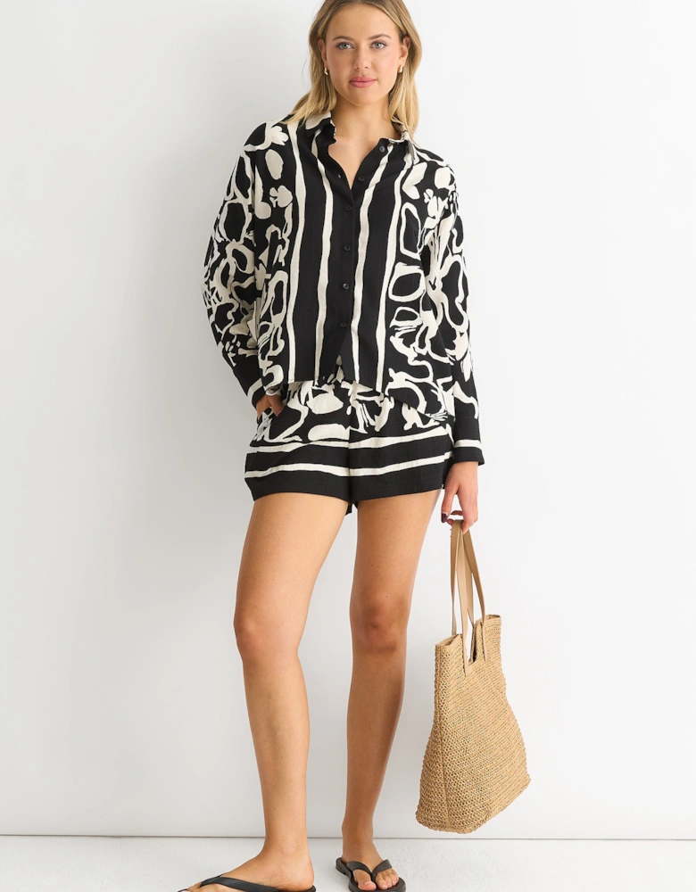 Mono Border Print Viscose Oversized Shirt