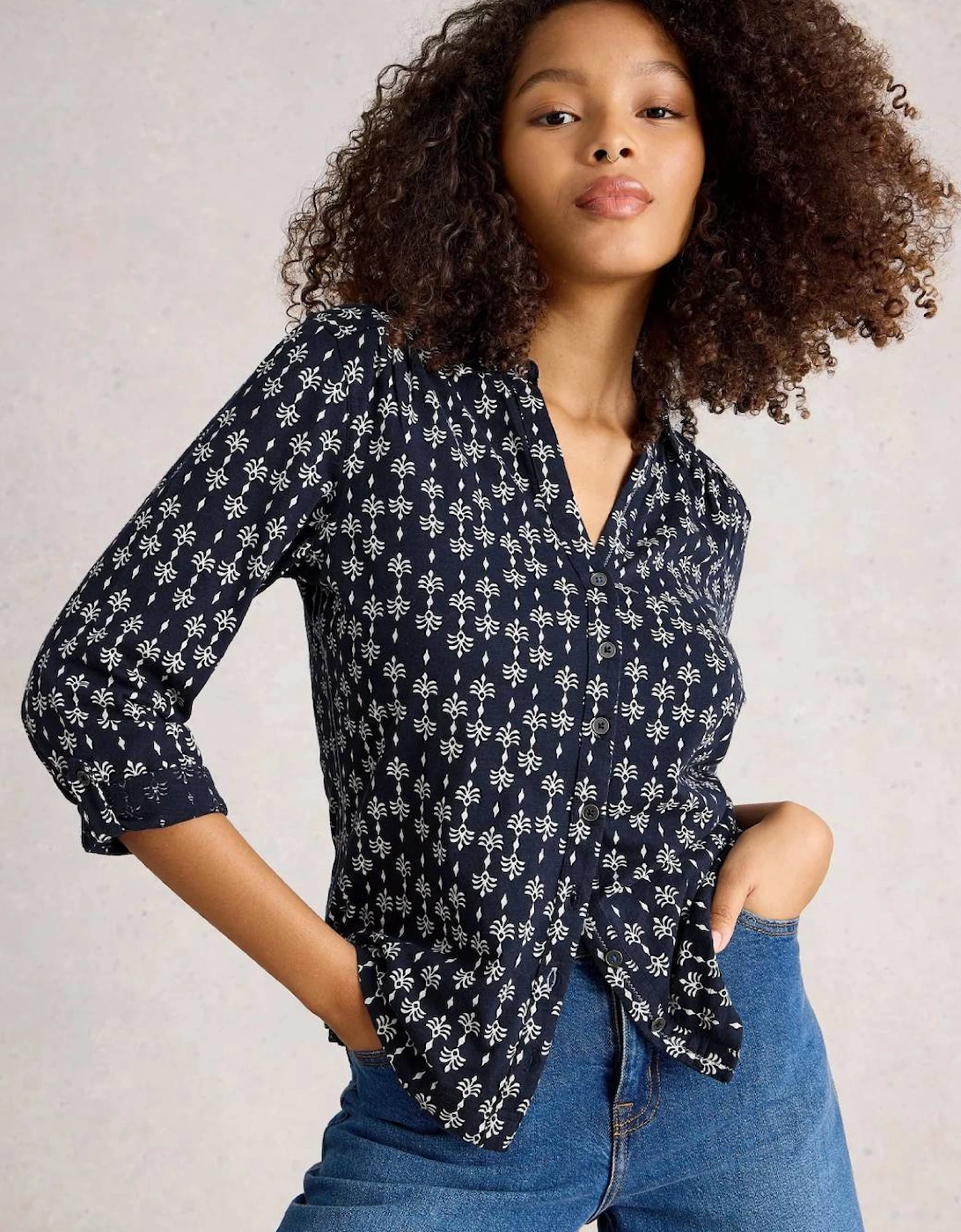White Stuff Women's Navy Annie Jersey Shirt Print - : Size 10