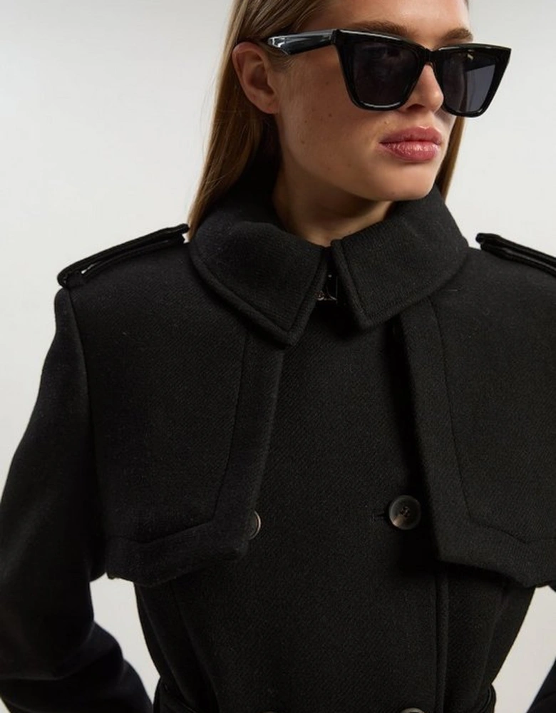 Wool Pu Mix Tailored Belted Trench Maxi Coat