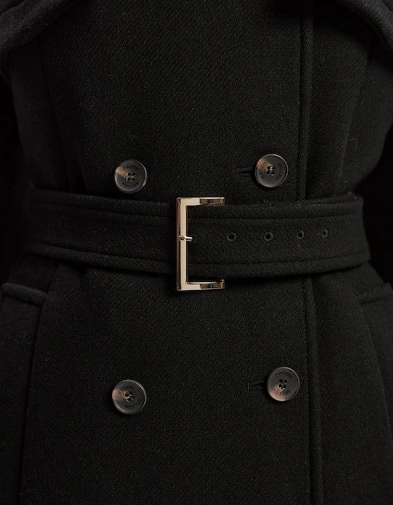 Wool Pu Mix Tailored Belted Trench Maxi Coat