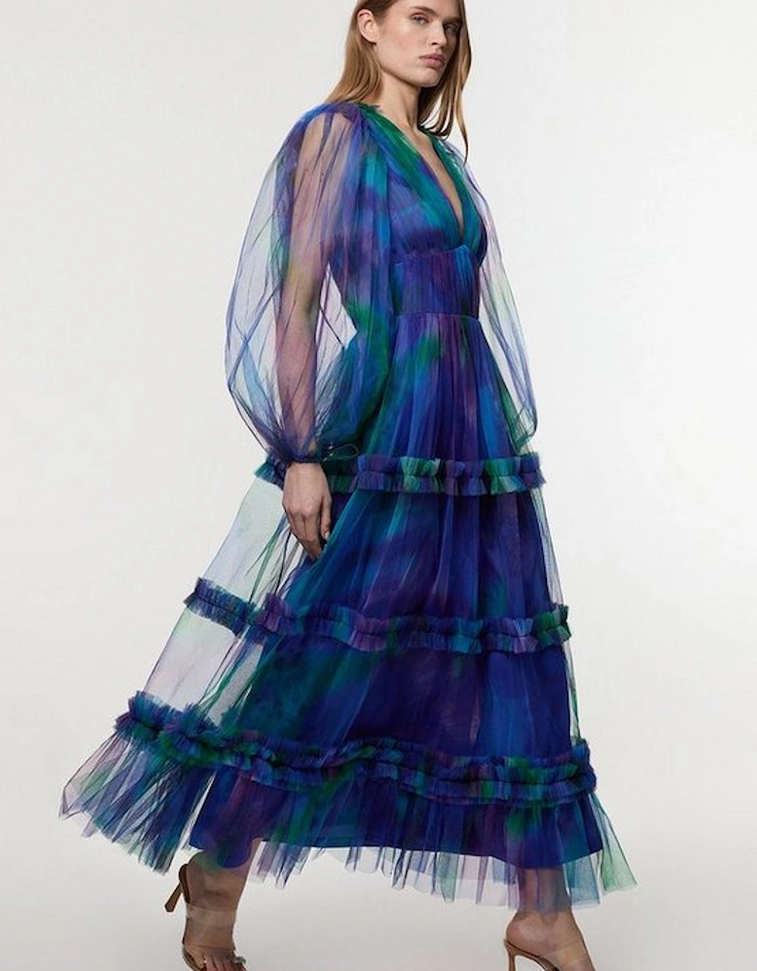 Dark Floral Tulle Plunge Balloon Sleeve Maxi Dress, 2 of 1