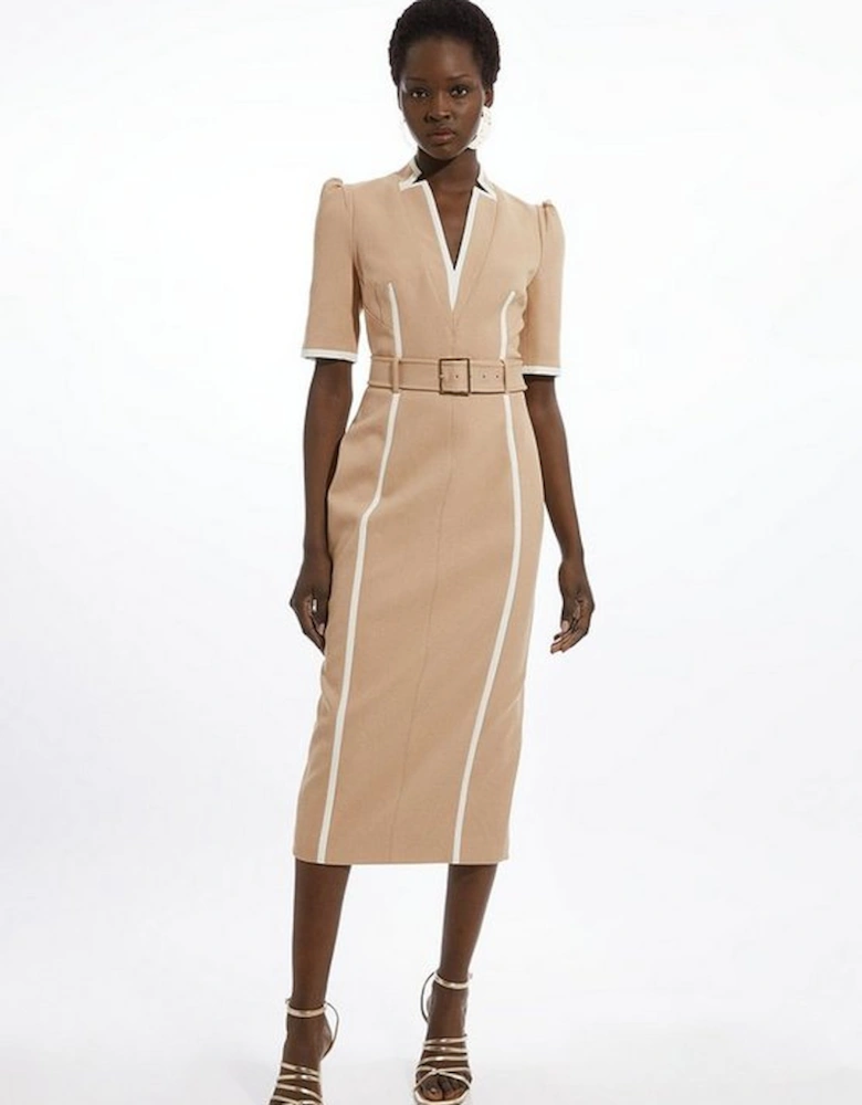 Petite Compact Stretch Contrast Tipped Forever Belted Tailored Midi Dress