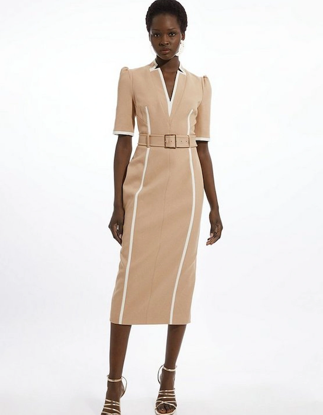 Petite Compact Stretch Contrast Tipped Forever Belted Tailored Midi Dress, 4 of 3