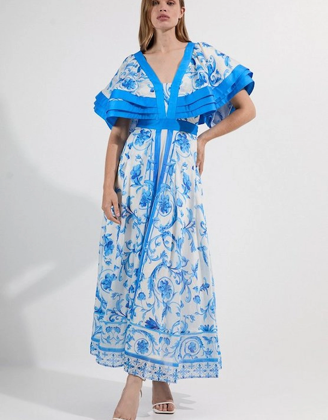 Organdie Ruffle Sleeve Plunge Neck Floral Print Woven Maxi Dress, 2 of 1