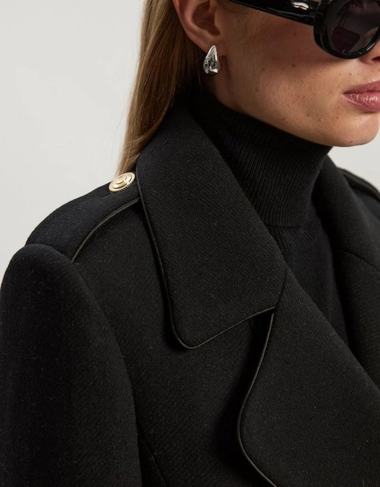 Wool Double Breasted Military Tailored Midi Coat