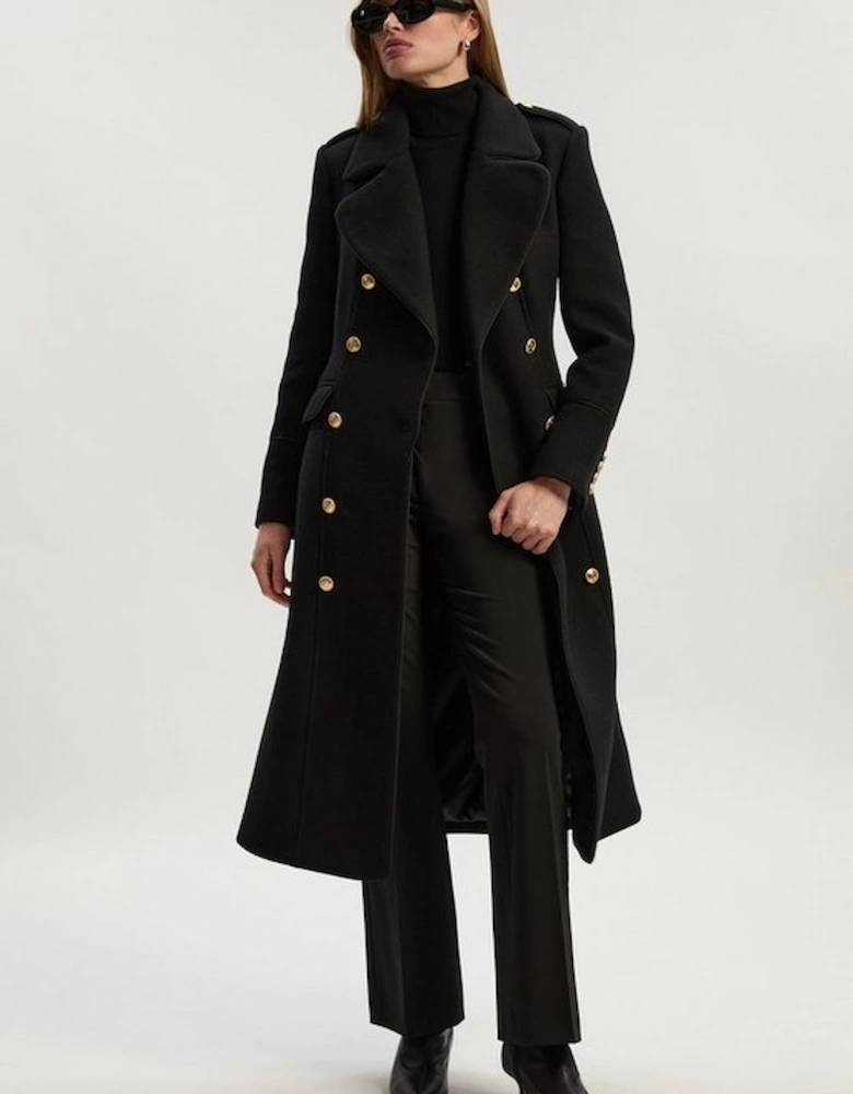 Wool Double Breasted Military Tailored Midi Coat