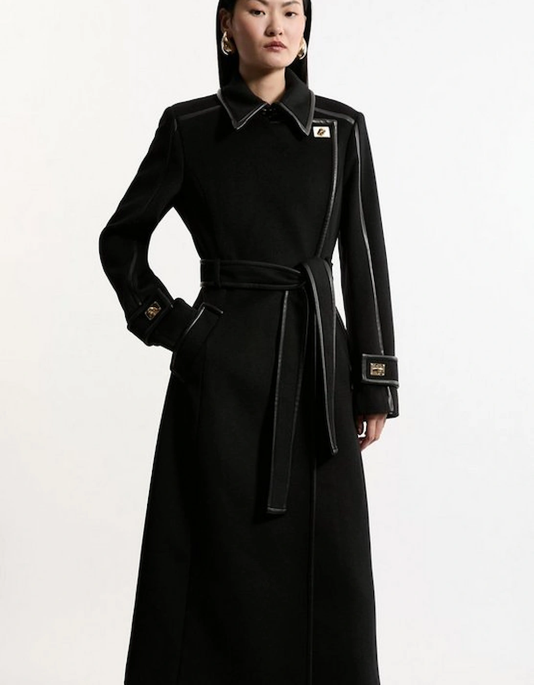 Petite Brushed Wool Pu Trim Belted Tailored Double Breasted Midi Coat, 2 of 1