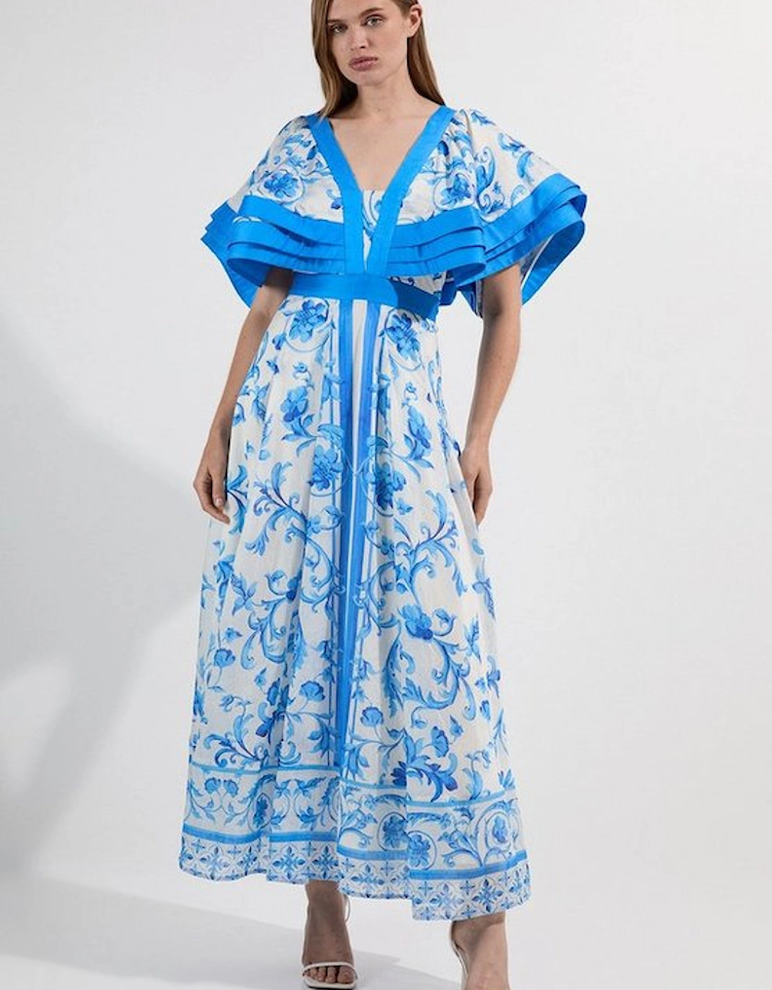Petite Organdie Ruffle Sleeve Plunge Neck Floral Print Woven Maxi Dress, 2 of 1