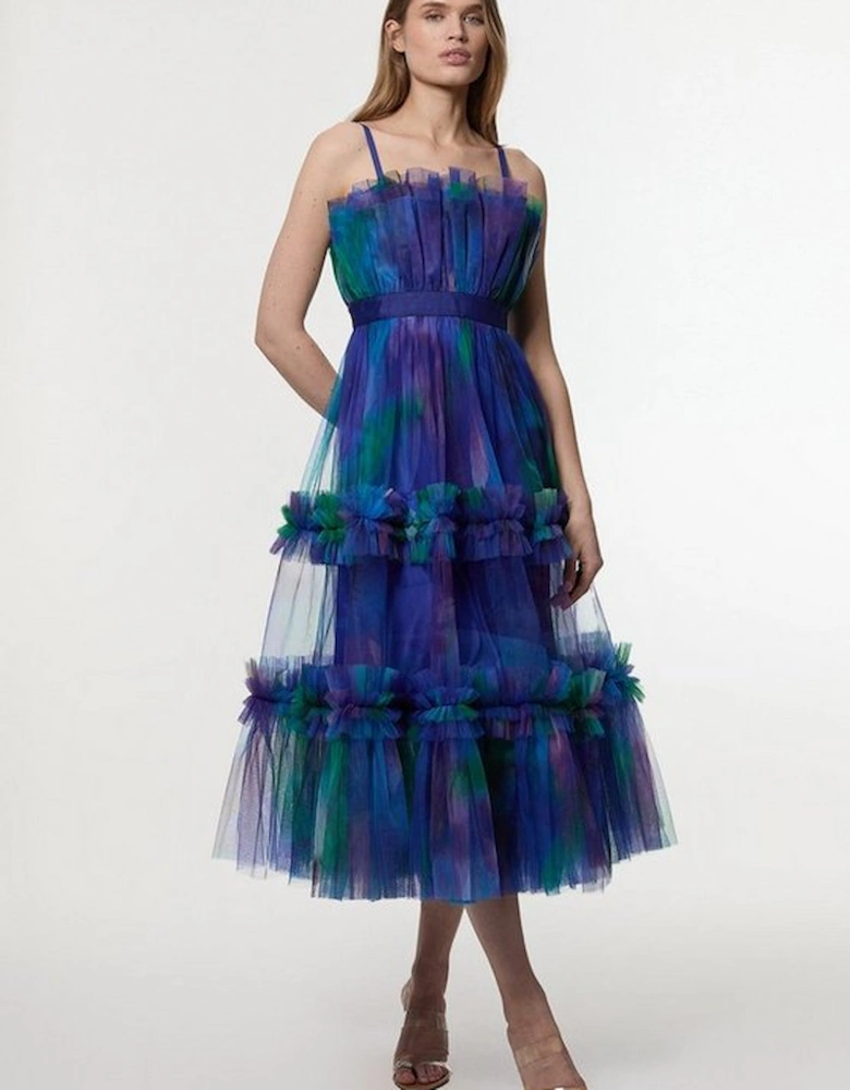 Dark Floral Tulle Bandeau Tiered Midi Woven Dress