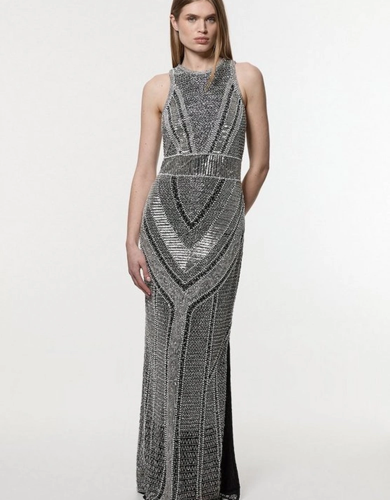 Premium Beading And Embellished Woven Halter Neck Maxi Dress