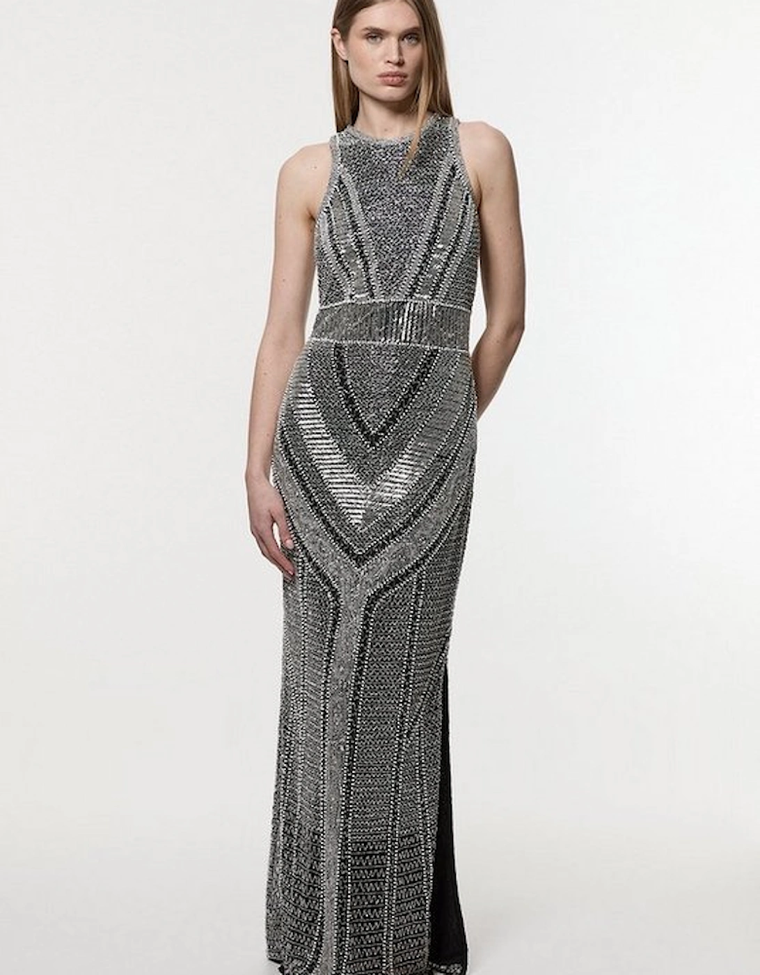 Premium Beading And Embellished Woven Halter Neck Maxi Dress, 2 of 1