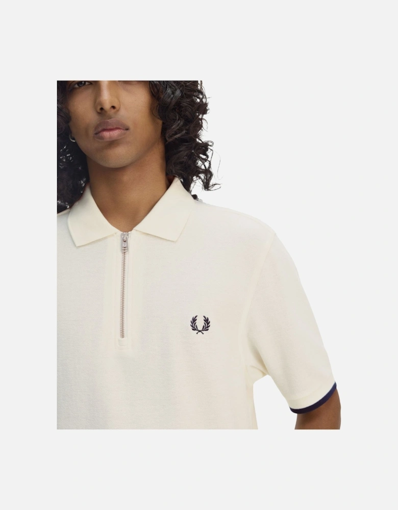 Crepe Pique Zip Neck Polo Shirt Ecru