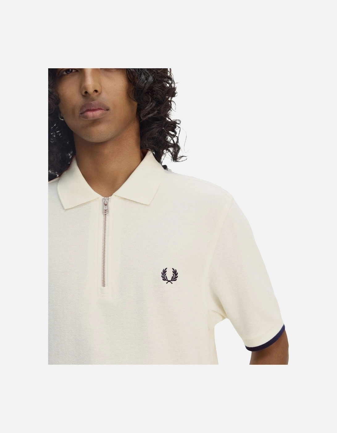 Crepe Pique Zip Neck Polo Shirt Ecru