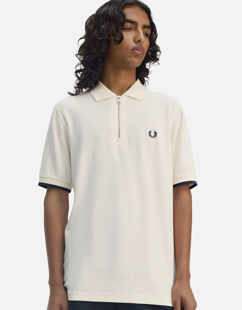 Crepe Pique Zip Neck Polo Shirt Ecru