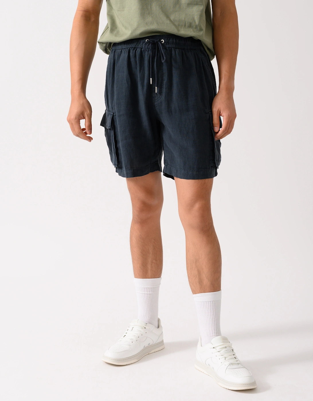 Mens Regular Fit Drawstring Linen Cargo Shorts - 453 Darkened Navy, 2 of 1