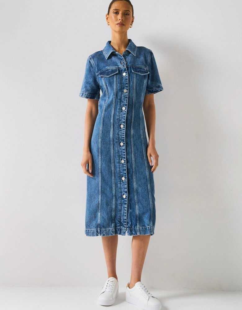 Lana Short Sleeve Denim Midi Shirt Dress - Blue