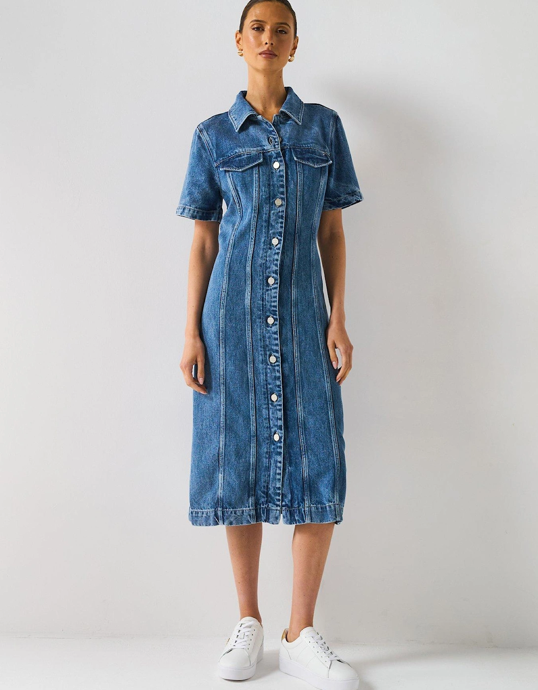 Lana Short Sleeve Denim Midi Shirt Dress - Blue, 2 of 1