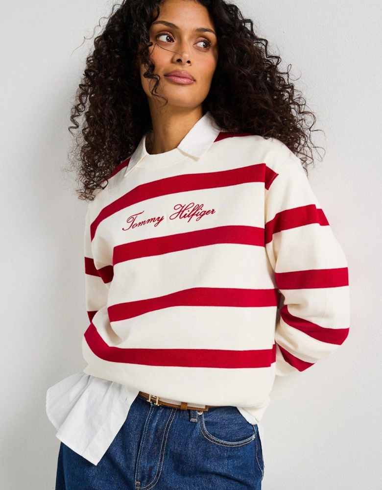 Logo Embroidery Crew Neck Pique Sweatshirt - Red