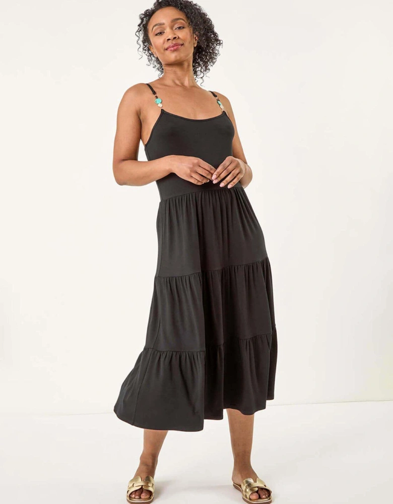 Petite Bead Trim Strappy Tiered Dress - Black
