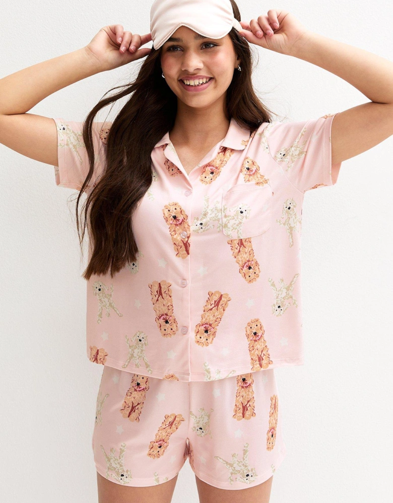 Girls Pink Dog Print Shirt And Shorts Pyjama Set