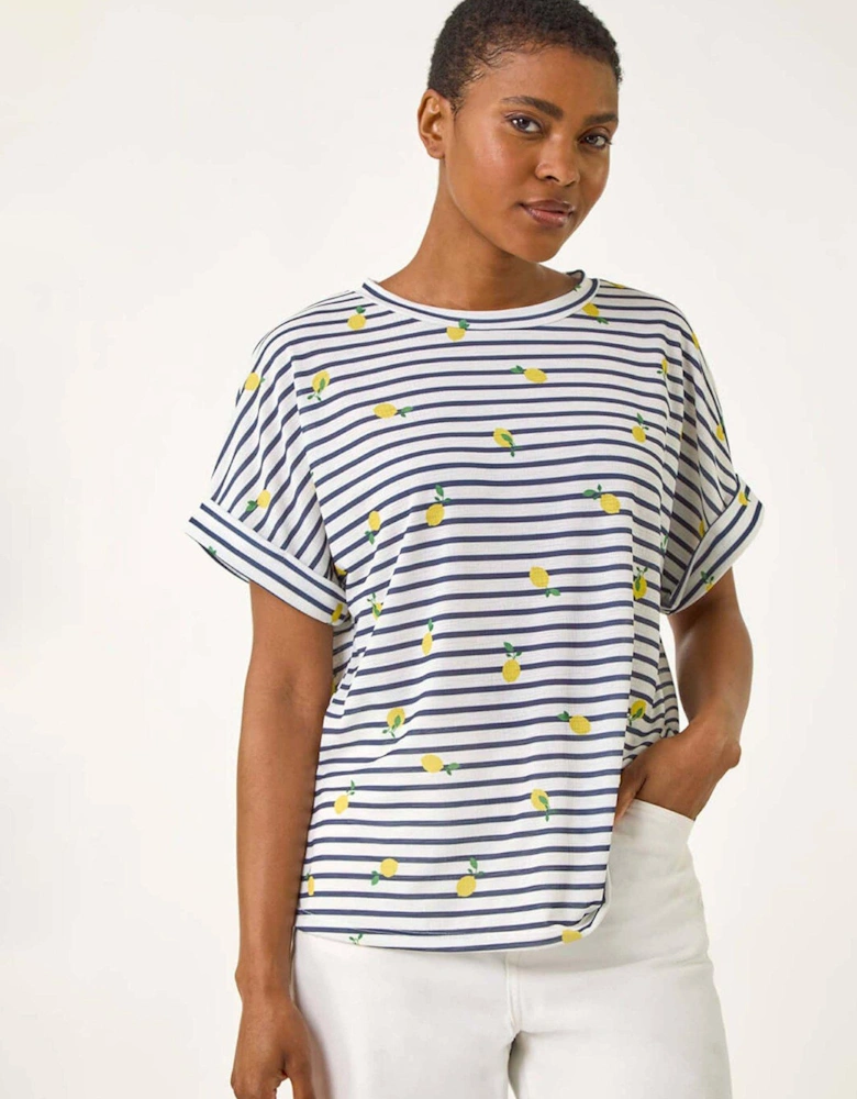 Stripe Lemon Printed Top - Navy