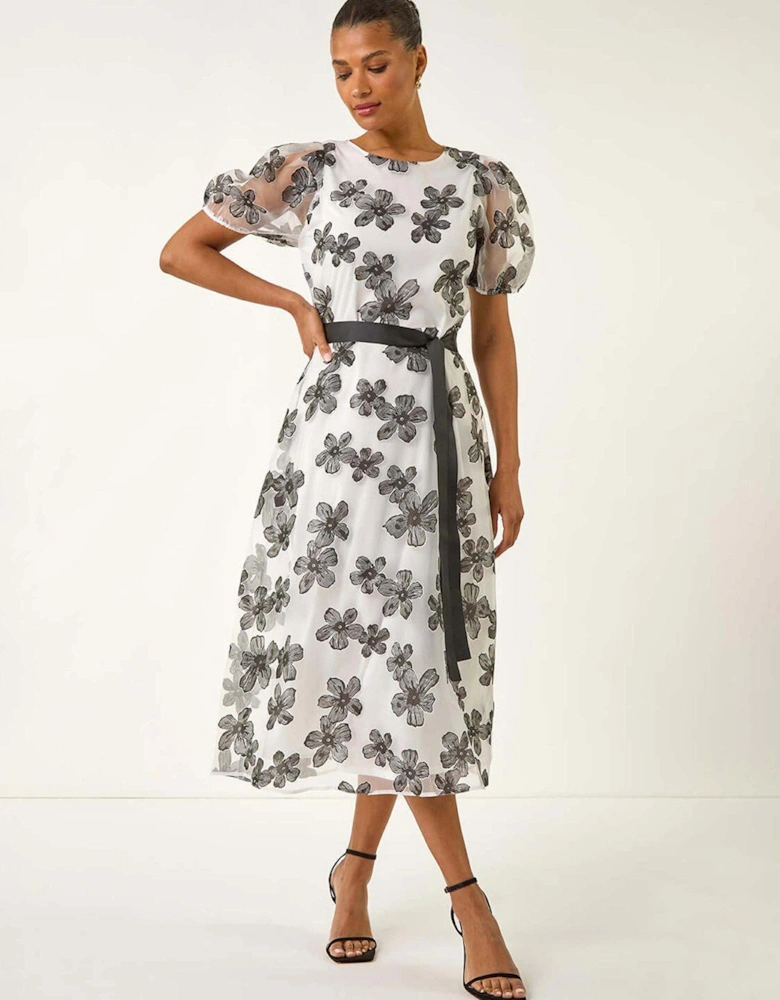 Floral Organza Belted Dress - White