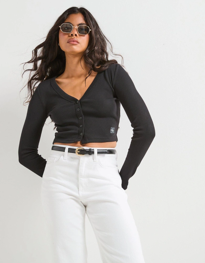 Ribbed Slim Cropped Cardigan - Black