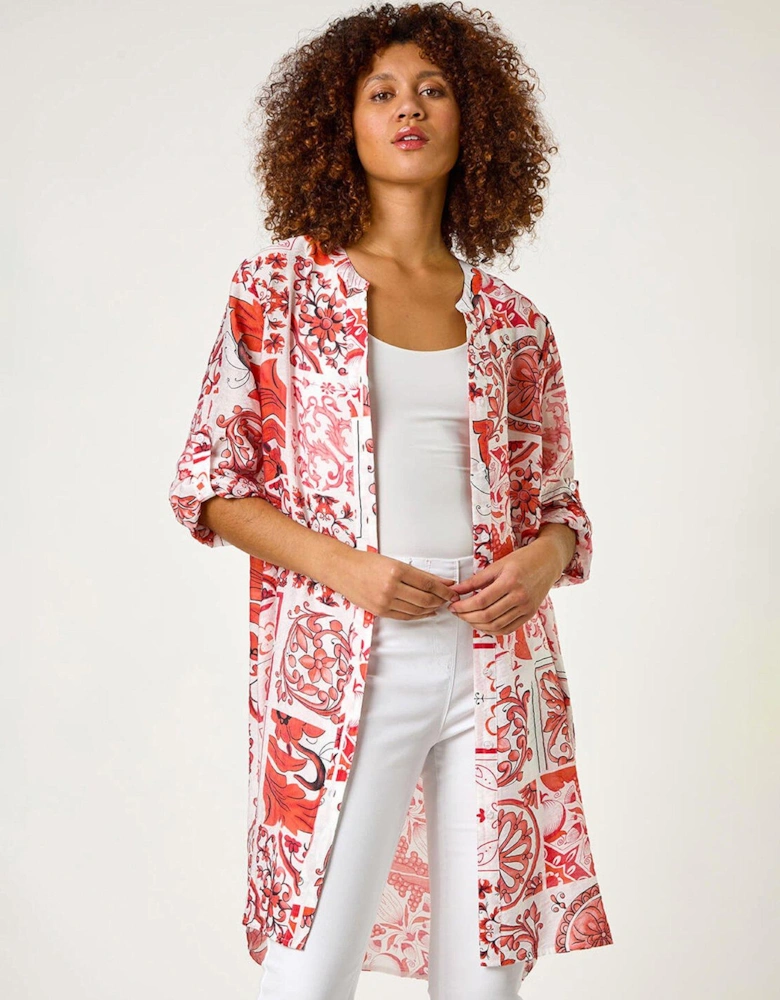 Tile Print Longline Blouse - Red