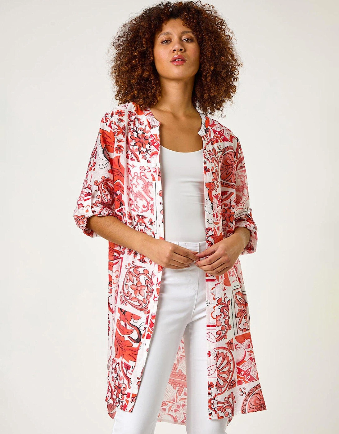 Tile Print Longline Blouse - Red, 2 of 1