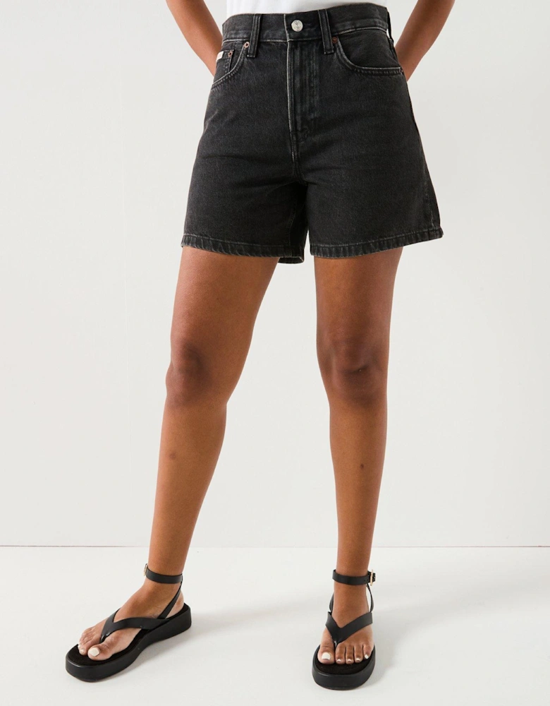 High Rise A-Line Denim Shorts - Black