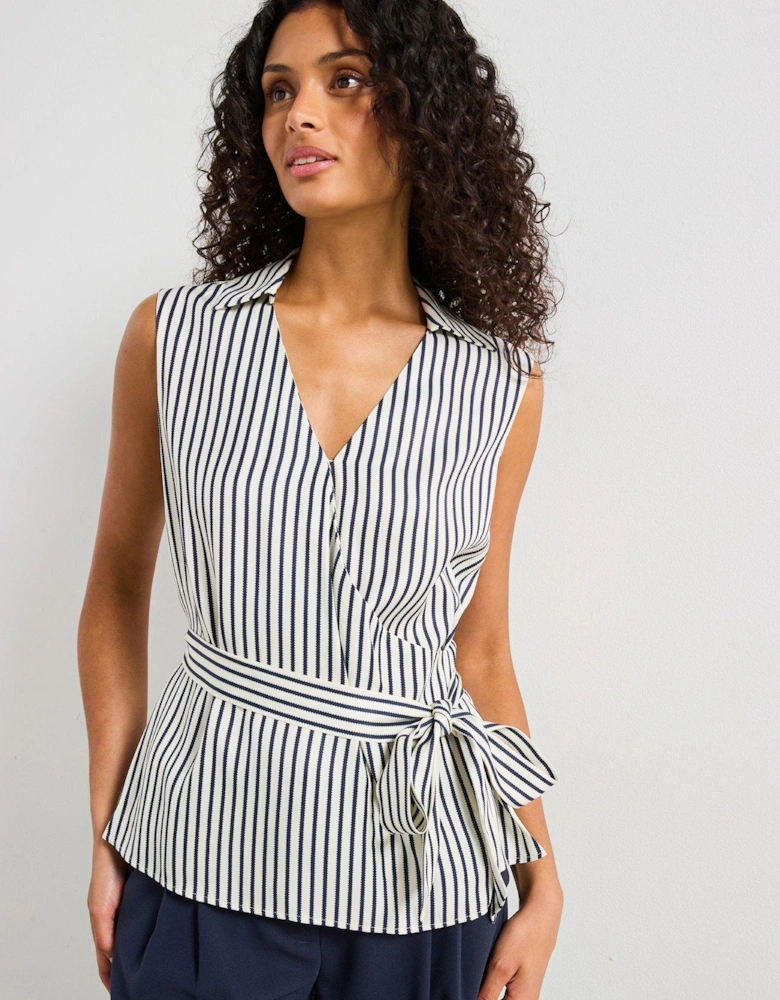 Slim Fit Striped Wrap Top - Navy