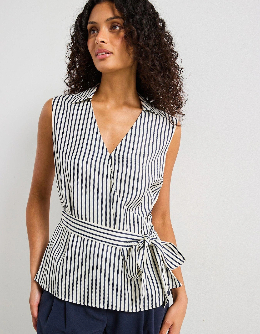 Slim Fit Striped Wrap Top - Navy, 2 of 1