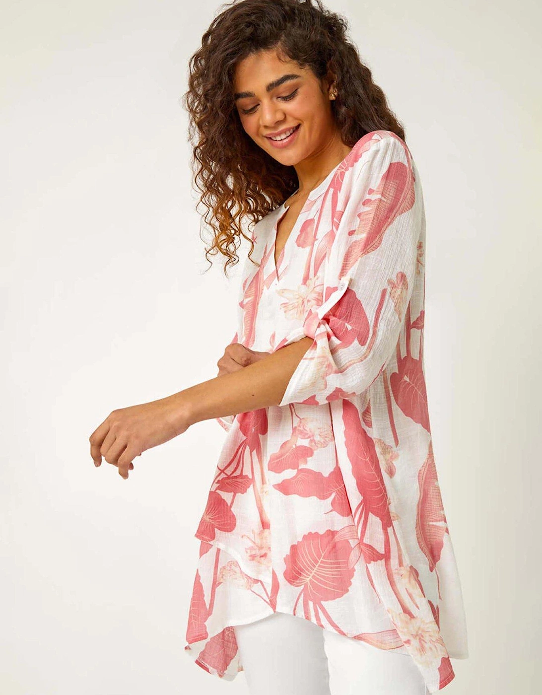 Palm Print V-neck Wrap Hem Tunic Top - Coral, 2 of 1
