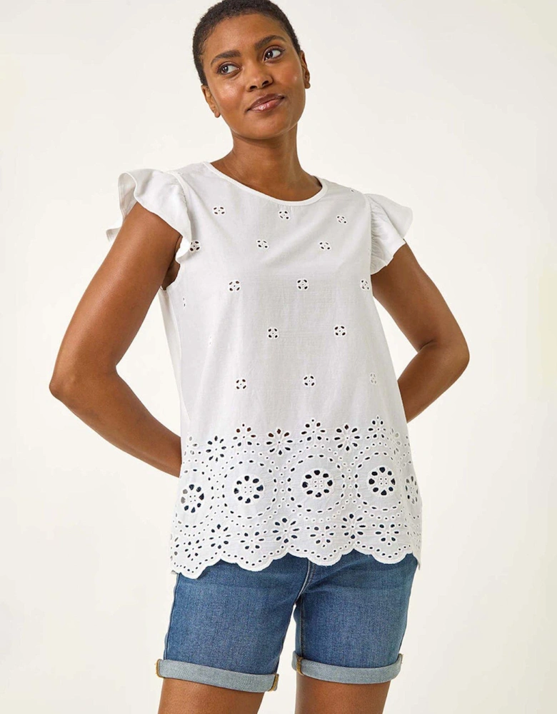Broderie Hem Stretch Top - White