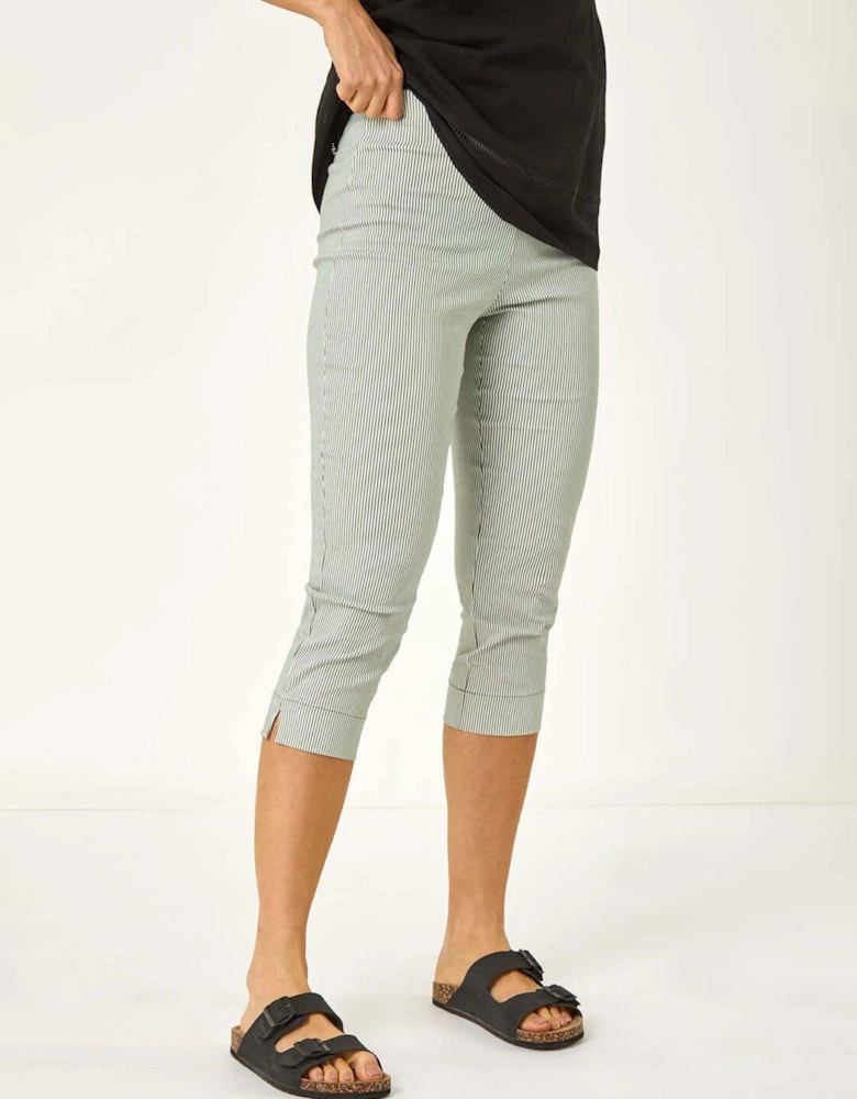 Striped Cropped Stretch Trouser - Khaki