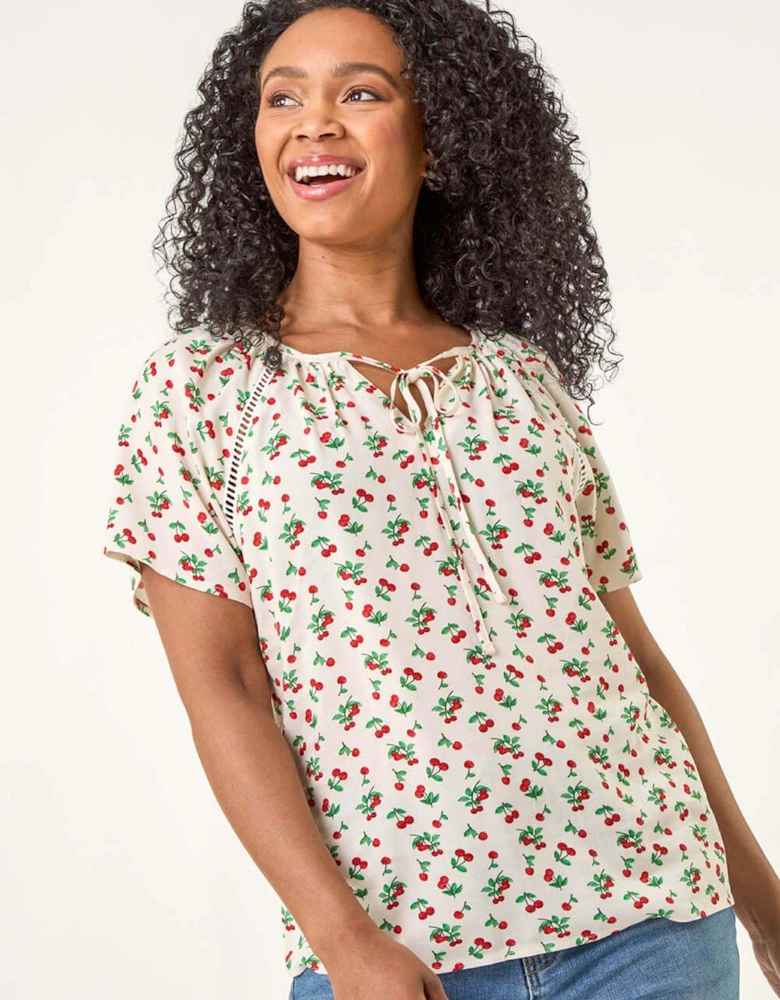 Petite Cherry Print Lace Trim Top - Ivory