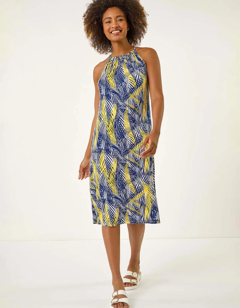 Gathered Palm Print Swing Stretch Dress - Yellow