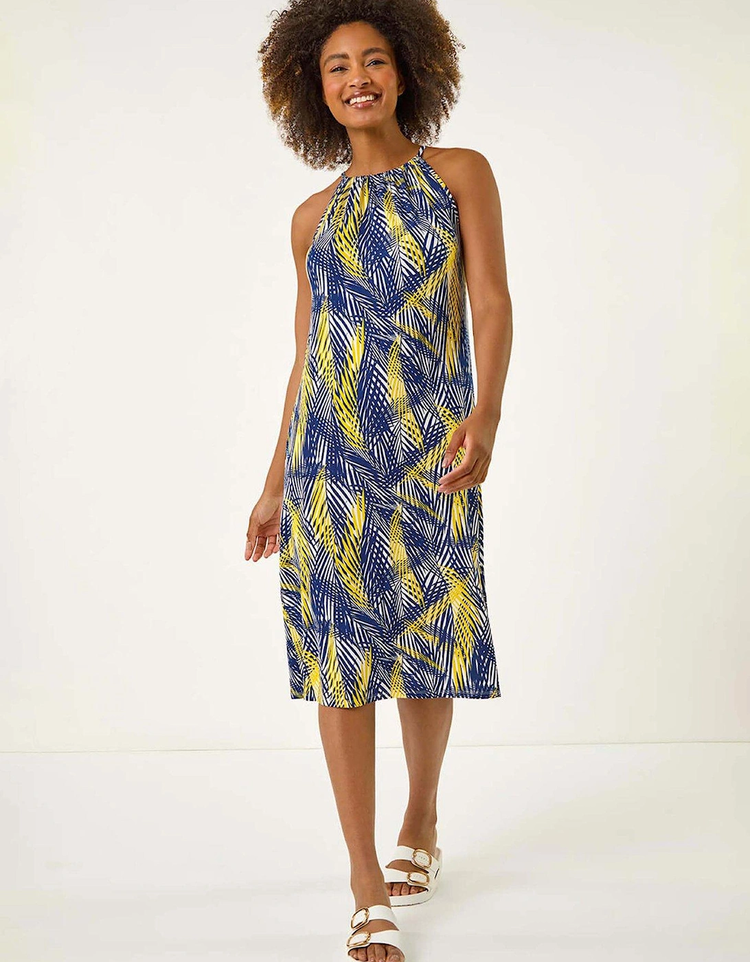 Gathered Palm Print Swing Stretch Dress - Yellow, 2 of 1