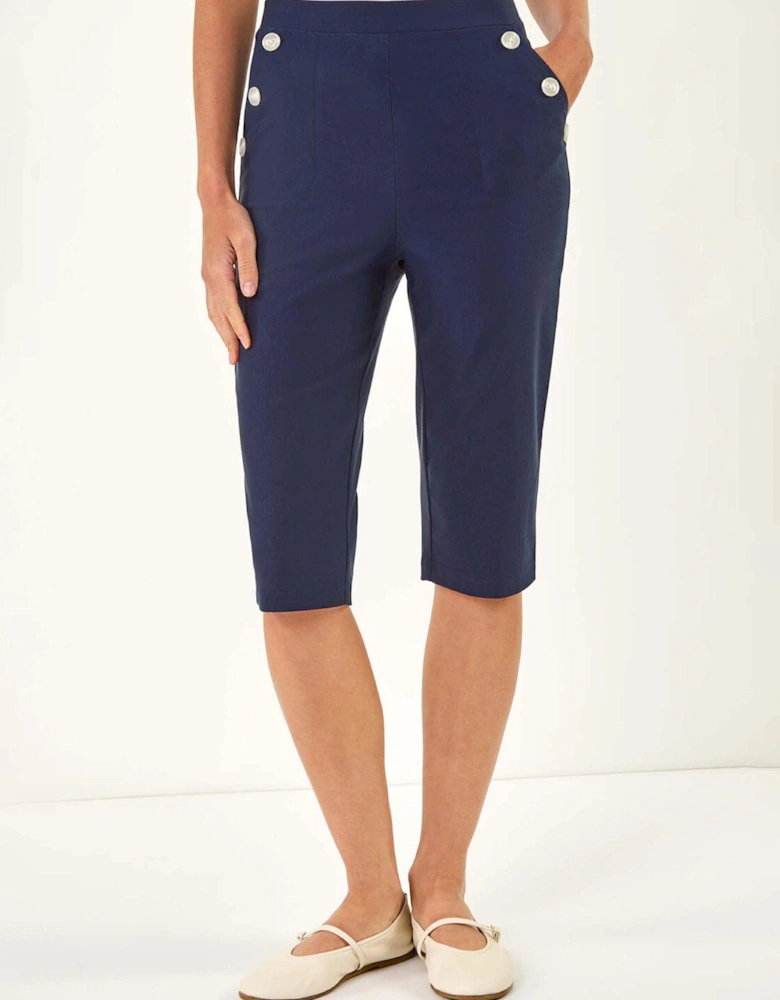 Elastic Waist Button Cropped Stretch Shorts - Navy