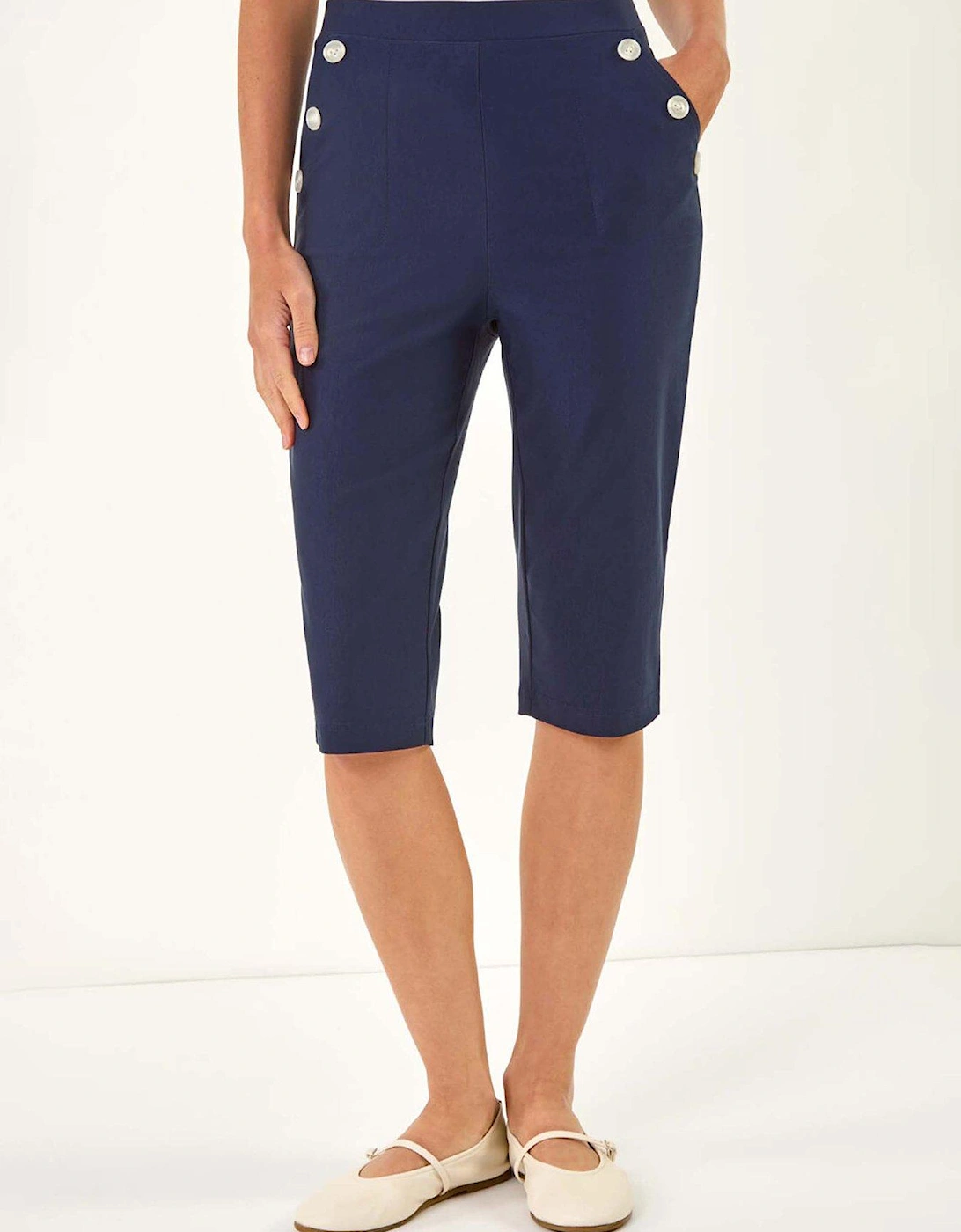Elastic Waist Button Cropped Stretch Shorts - Navy, 2 of 1