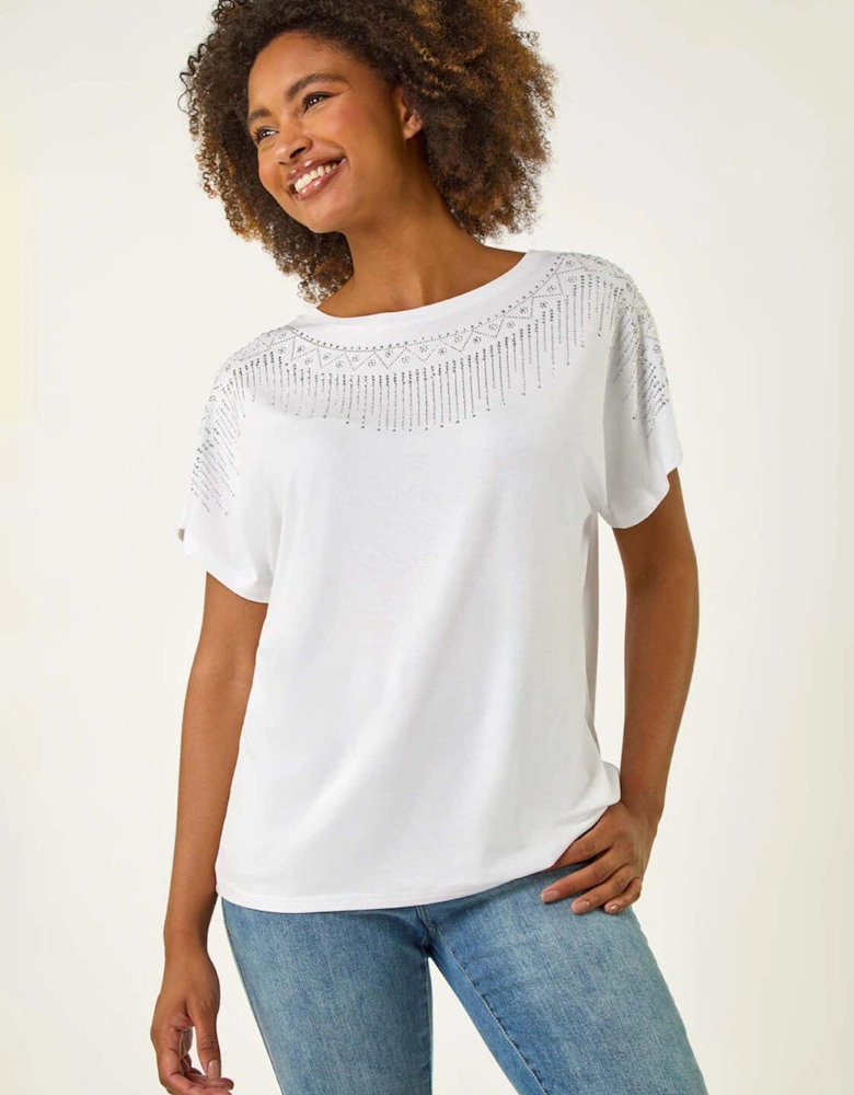 Hotfix Embellished Stretch Top - Ivory