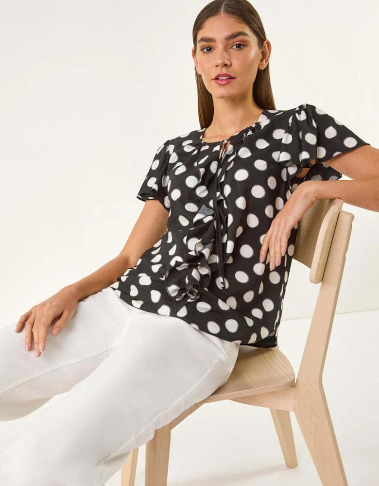 Spot Print Ruffle Tie Front Top - Black